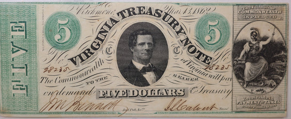 1862 $5 Virginia Treasury Note, 'Civil War Era', Nice Note. Store #11239