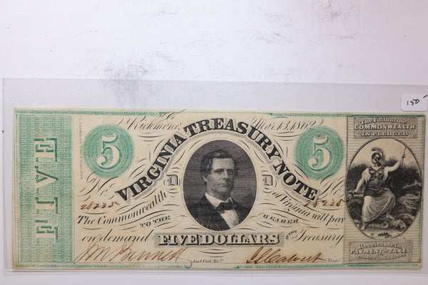1862 $5 Virginia Treasury Note, 'Civil War Era', Nice Note. Store #11240