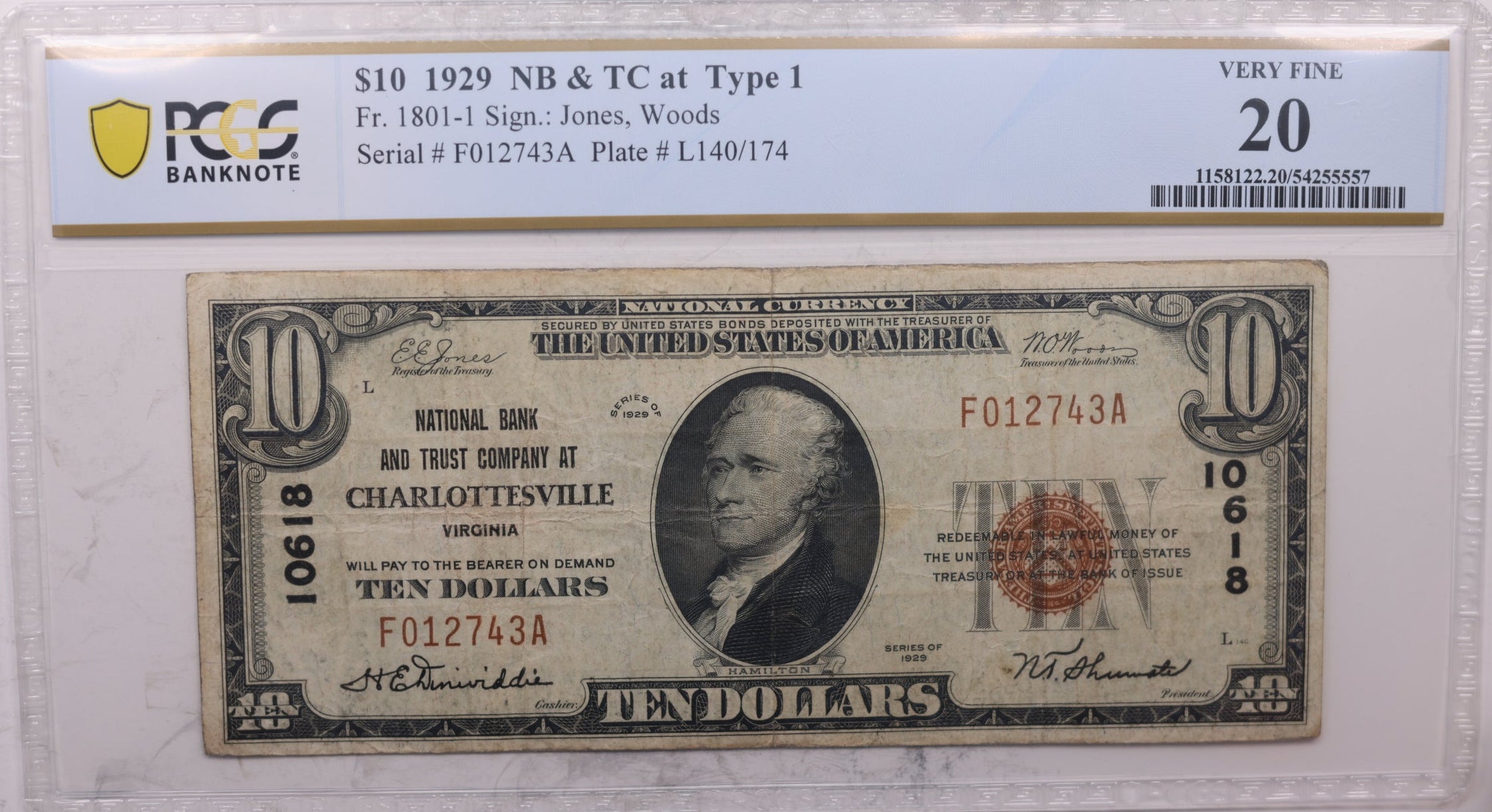 1929 $10 National Currency, Charlottesville, VA, PCGS VF20. Store #SGNB001.