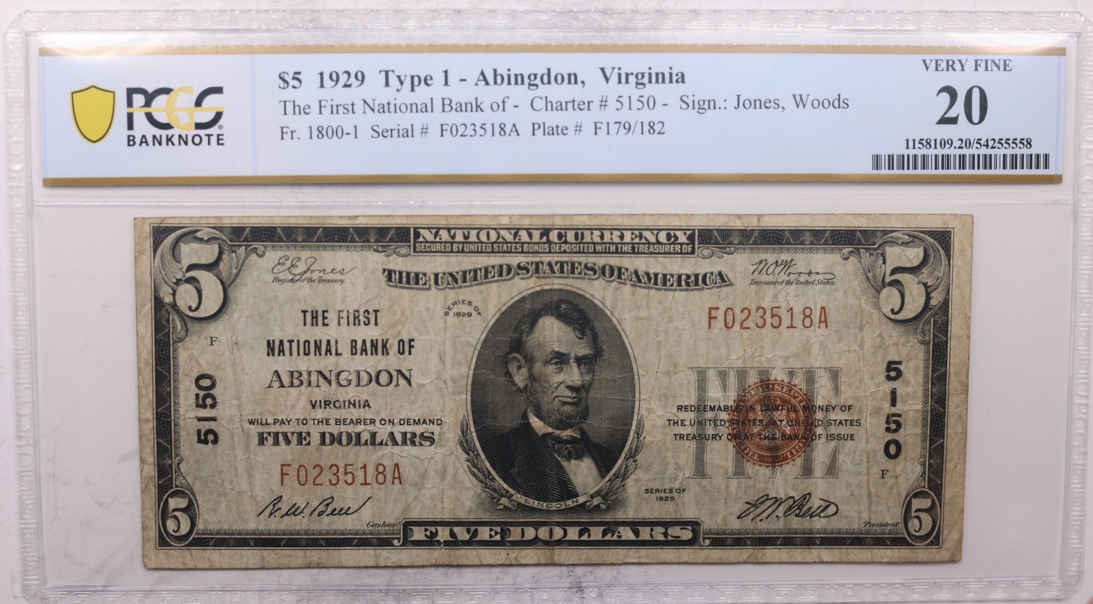 1929 $5 Abingdon, VA. National Currency, CH# 5150, PCGS VF-20, Store #NBN033.