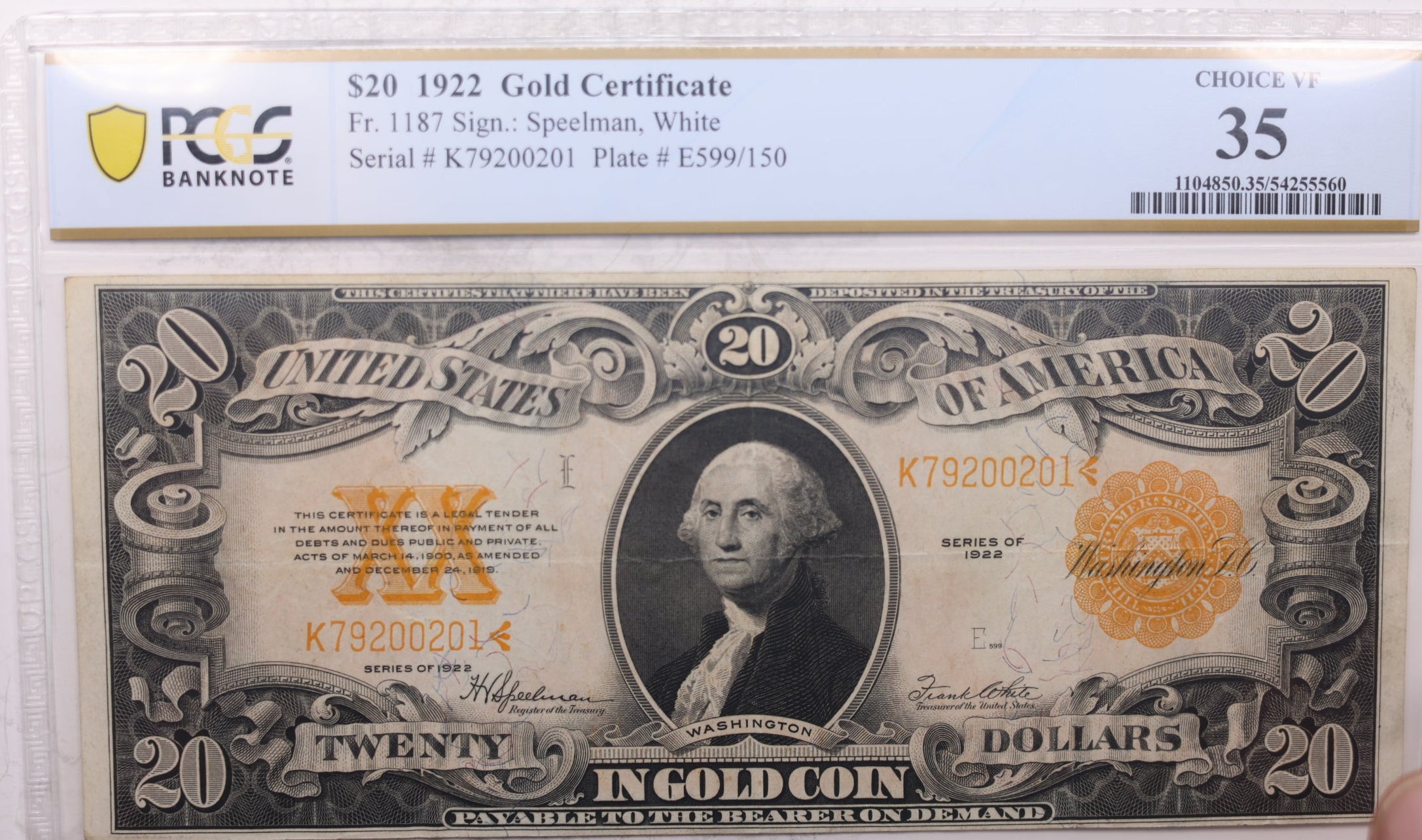 1922 $20 Gold Certificate, Fr. 1187, PCGS Certified VF-35, Store Sale #GCE004.