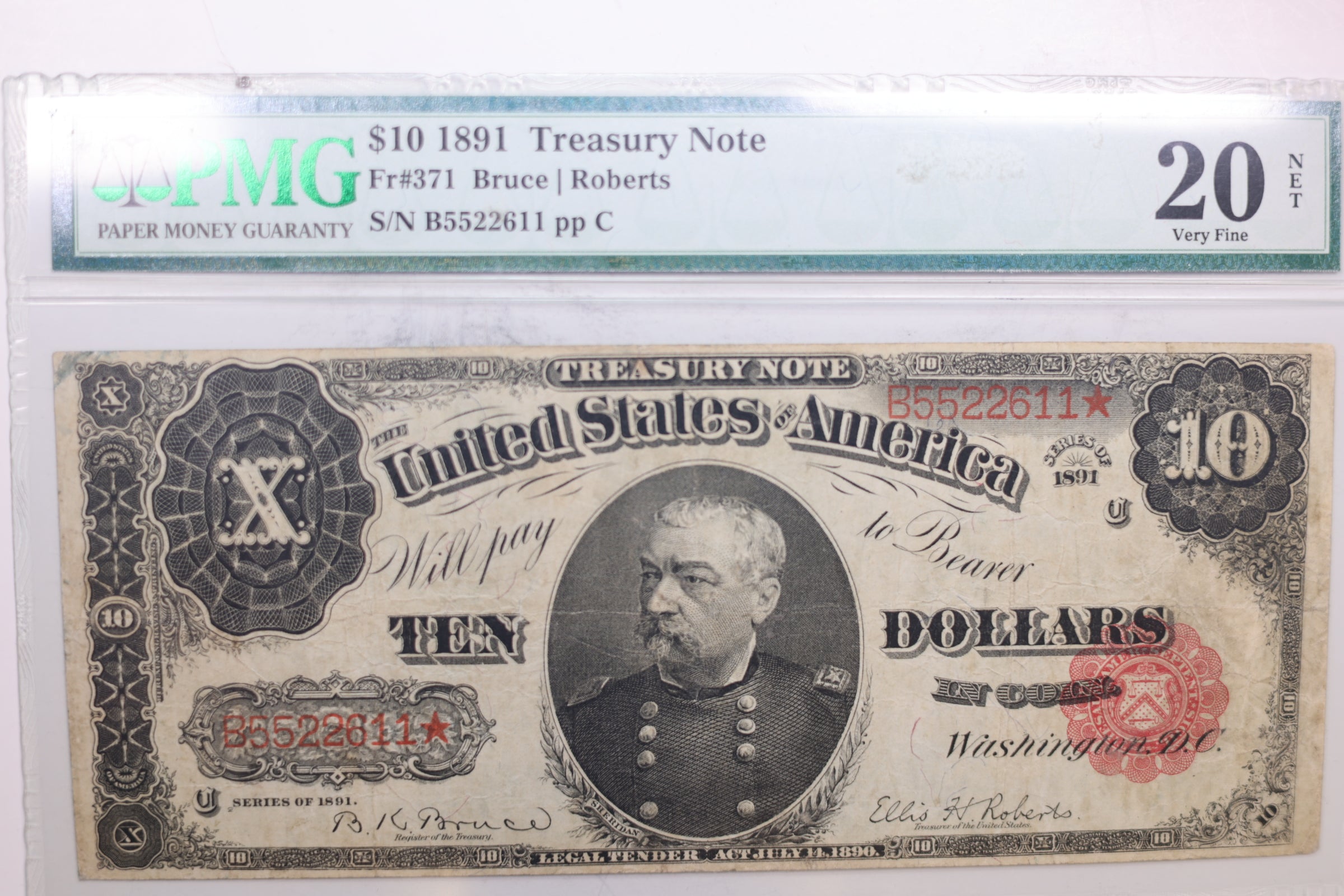 1891 $10 Treasury Note., PMG Graded VF-20, Circulated Note, Store #TE0