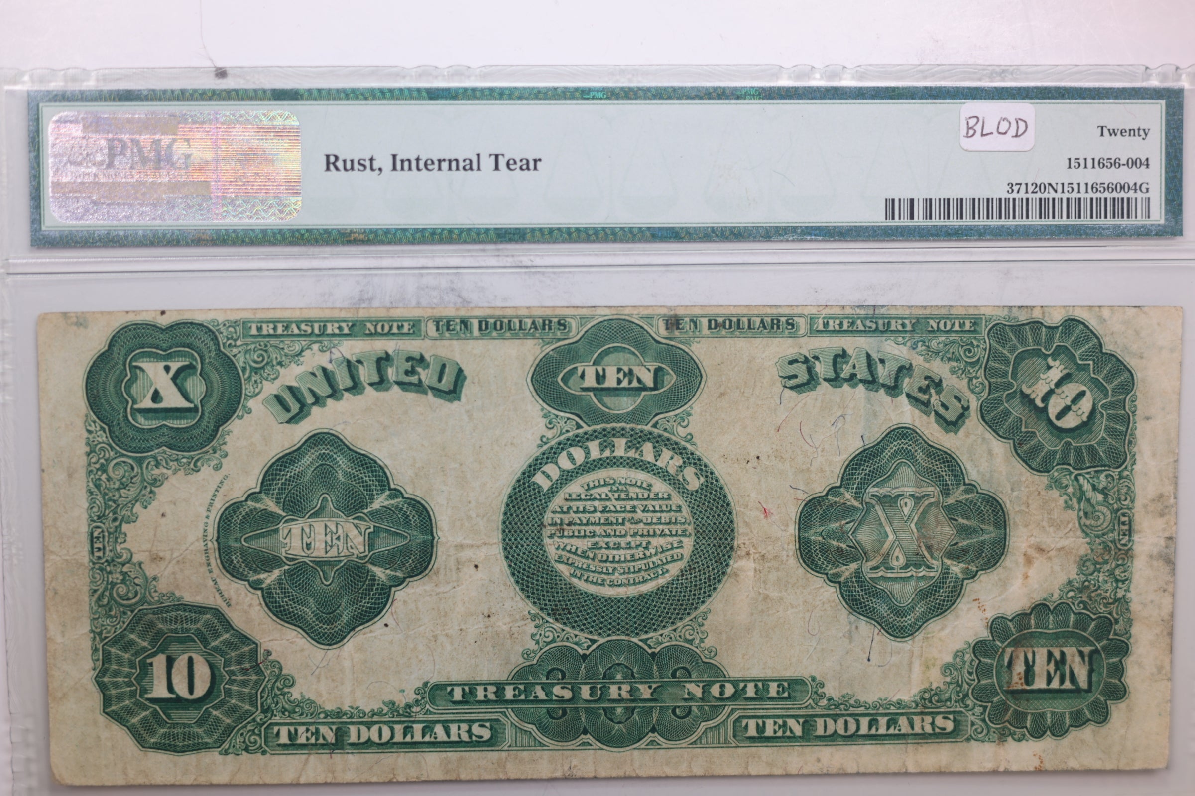 1891 $10 Treasury Note., PMG Graded VF-20, Store #GTYN003