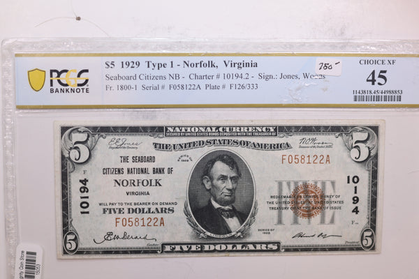 1929 $5 National Currency., "Norfolk"., Store #15053