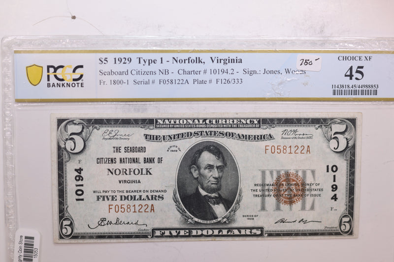 1929 $5 National Currency., "Norfolk"., Store