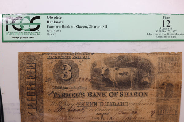1837 $3 SHARON, MI. Obsolete Currency. Nice Note. #06177