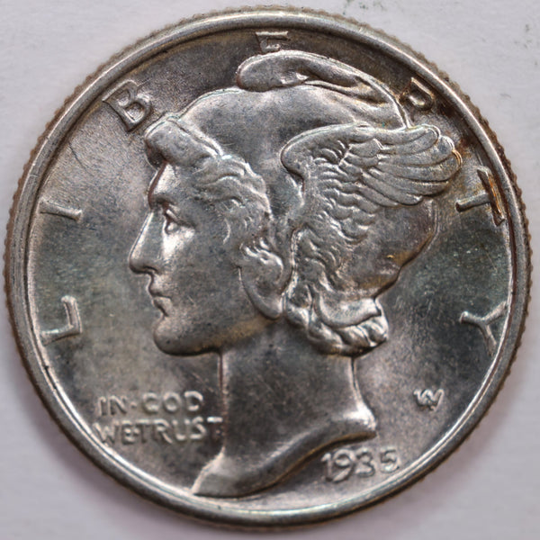 1935 Mercury Silver Dime, Mint State Uncirculated Coin, Store #DE0106