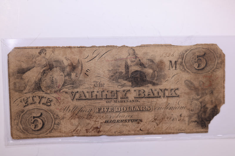 1853 $5, VALLEY BANK, MD., Obsolete Currency. Nice Note.