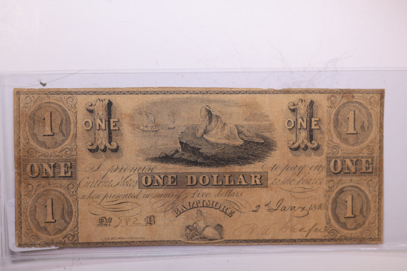 1840 $1, Baltimore, MD., Obsolete Currency. Nice Note.