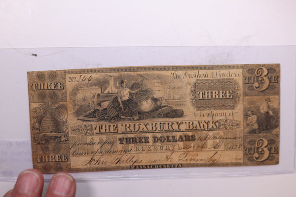 1838 $3, The ROXBURY BANK., MA., Obsolete Currency. Nice Note. #06195