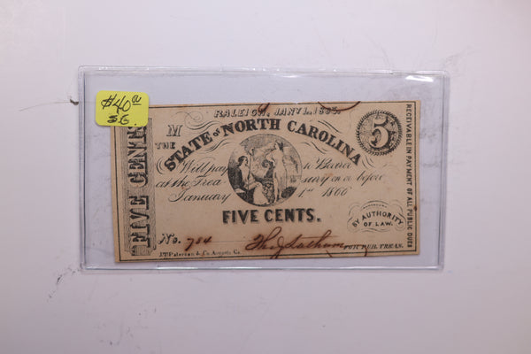 1866 5 Cents, Raleigh, N.C. Affordable Collectible Currency, Store #06203