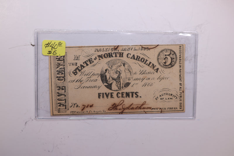 1866 5 Cents, Raleigh, N.C. Affordable Collectible Currency, Store