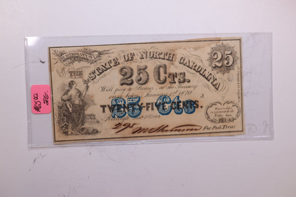 1870 25 Cents, Raleigh, N.C. Affordable Collectible Currency, Store #06204