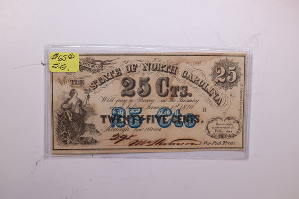 1870 25 Cents, Raleigh, N.C. Affordable Collectible Currency, Store #06205