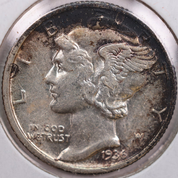 1936 Mercury Silver Dime, Abt Uncirculated Coin, Store #DE0126