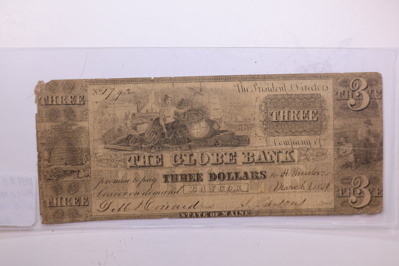 1839 $3., The Globe Bank, ME. Affordable Collectible Currency, Store