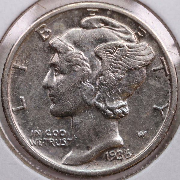 1936 Mercury Silver Dime, Abt Uncirculated Coin, Store #DE0129