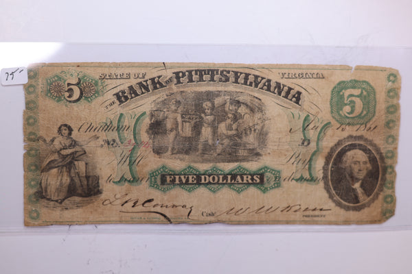 1861 $5, Bank of PITTSYLVANIA. Affordable Collectible Currency, Store #06211