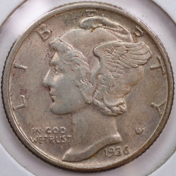 1936 Mercury Silver Dime, Abt Uncirculated Coin, Store #DE0130