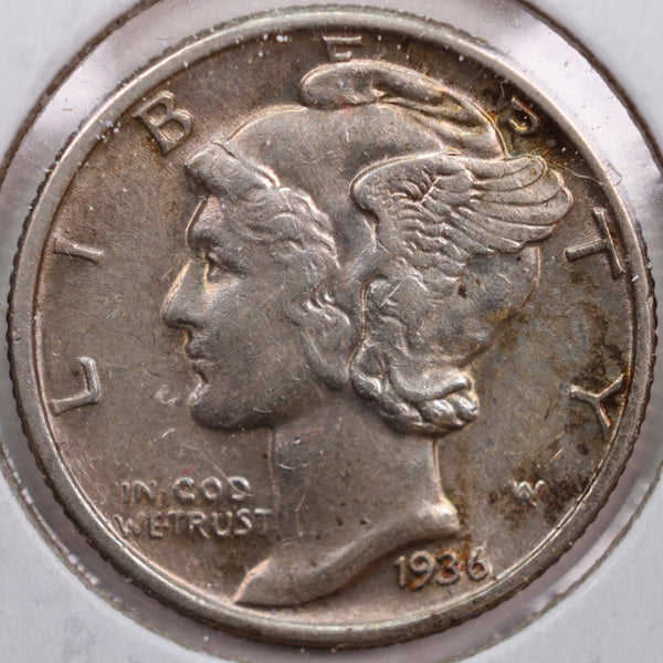 1936 Mercury Silver Dime, Abt Uncirculated Coin, Store #DE0132