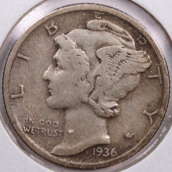1936-D Mercury Silver Dime, Very Fine+ Circulated Coin, Store #DE0133