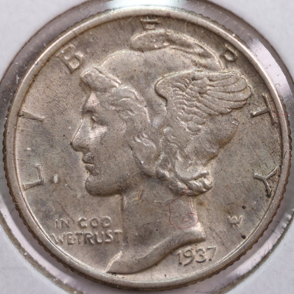 1937 Mercury Silver Dime, Abt Uncirculated Coin, Store #DE0141