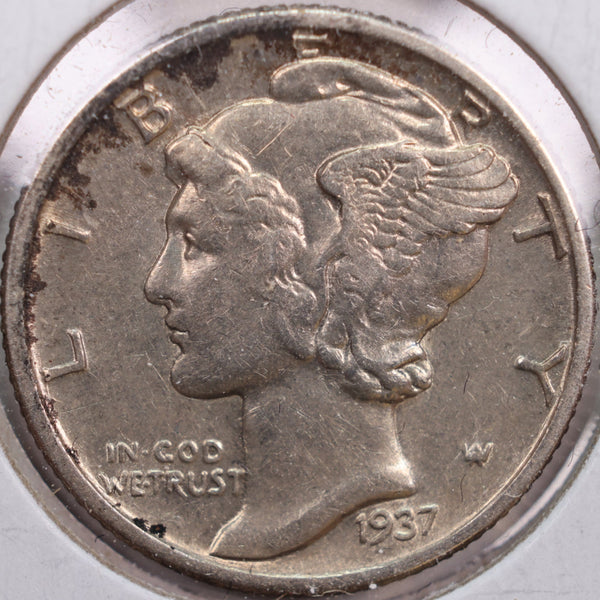1937 Mercury Silver Dime, Abt Uncirculated Coin, Store #DE0142