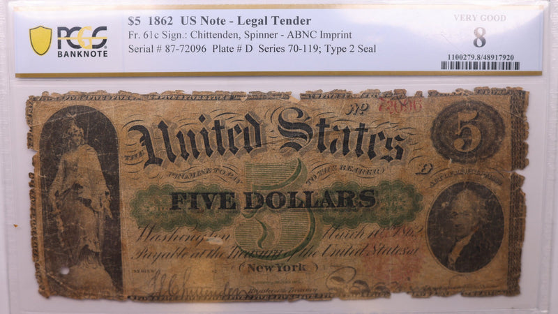 1862 $5., U.S. Legal Tender Note, PCGS VG-8., Store Sale