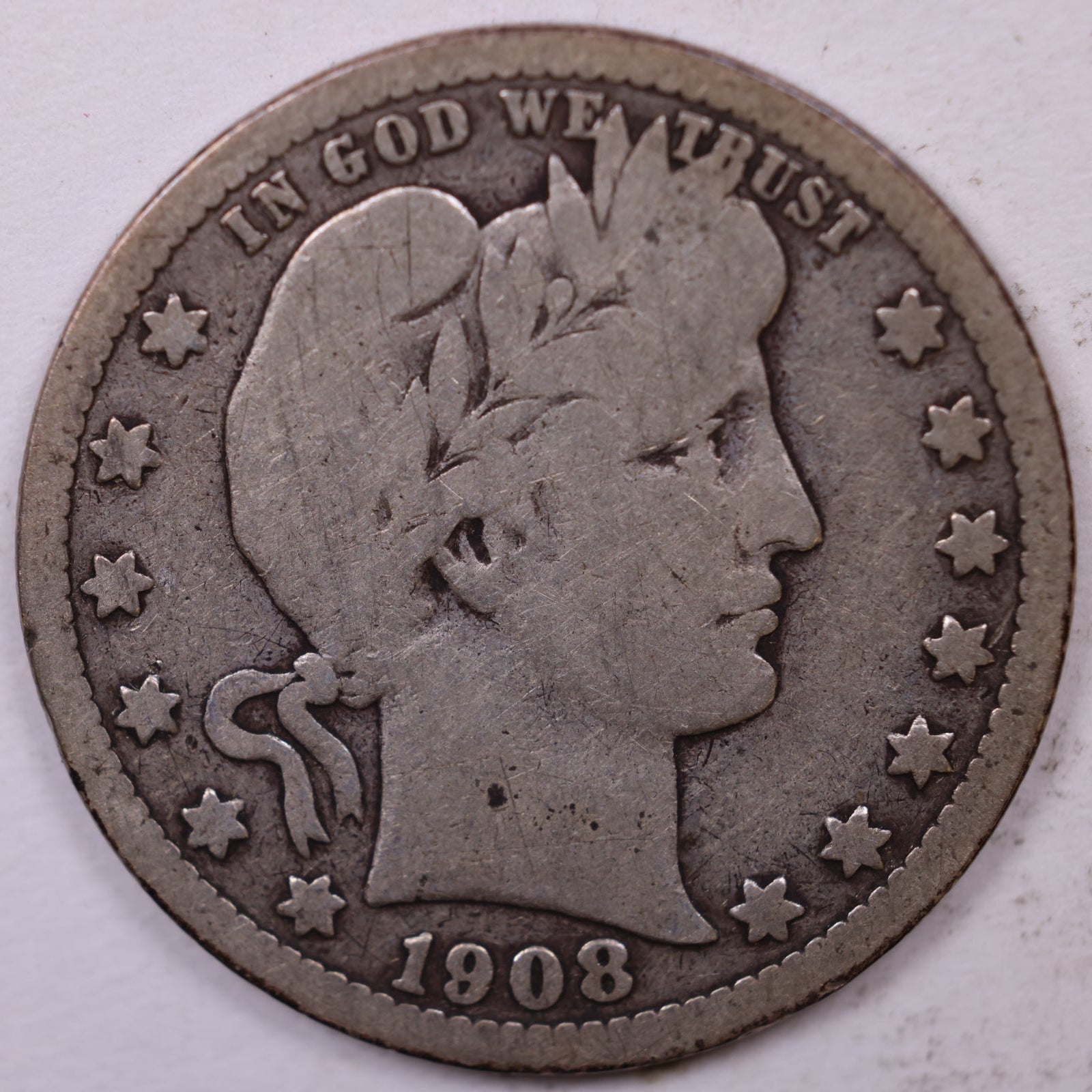 1908 D Barber Quarter, Very Good Circulated Coin, Store #QR1130