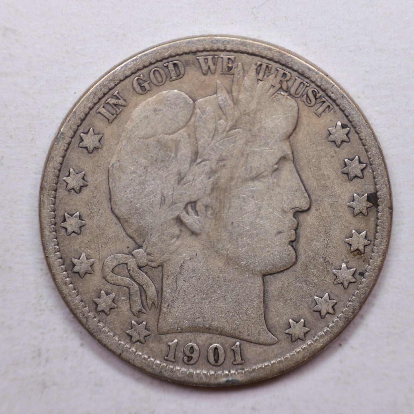 1901-O Barber Silver Half Dollar, Very Good+ Circulated Coin, Store #HR1075