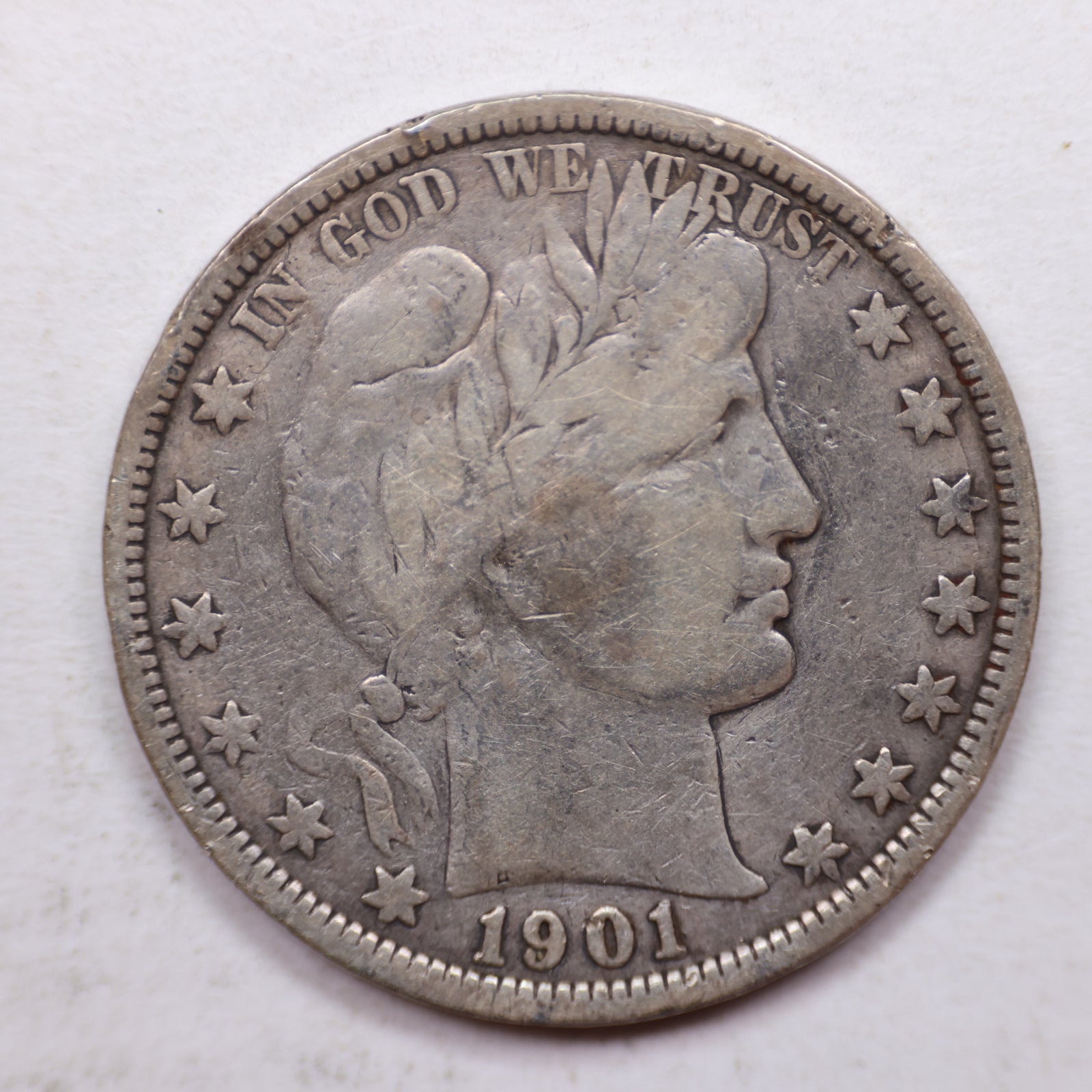 1901-S  Barber Silver Half Dollar, Very Good Plus Circulated Coin, Store SALE #HR1076.