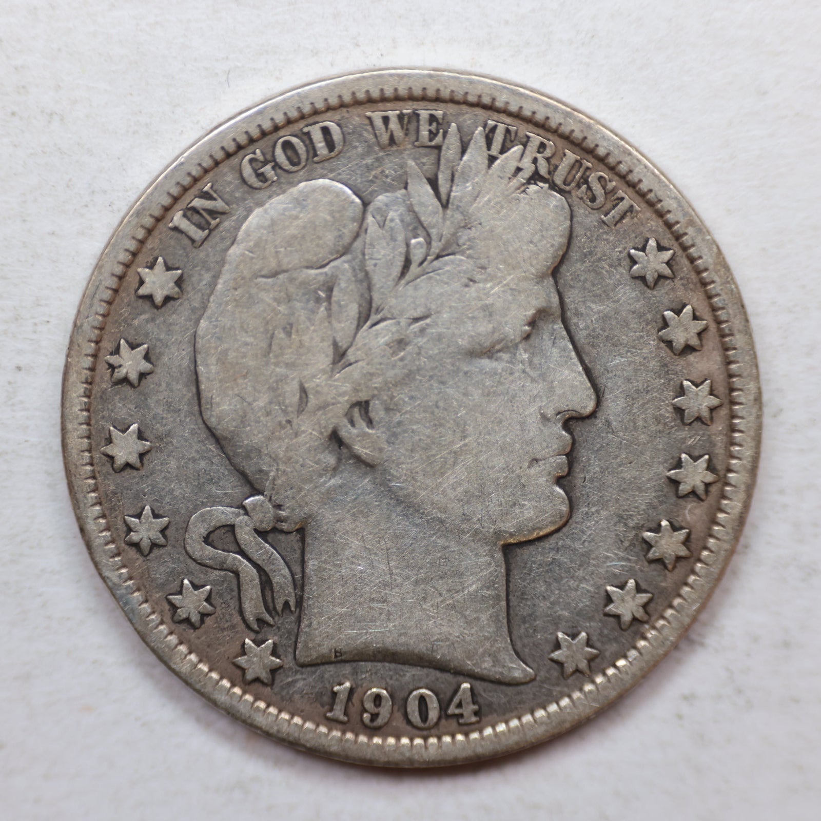 1904-O Barber Silver Half Dollar, Very Good Plus Circulated Coin, Store SALE #HR1085.