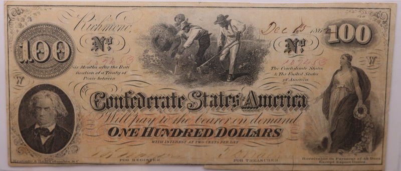 1862 $100., Civil War, C.S.A., Fourth Issue., PCGS VF-30., Store Sale