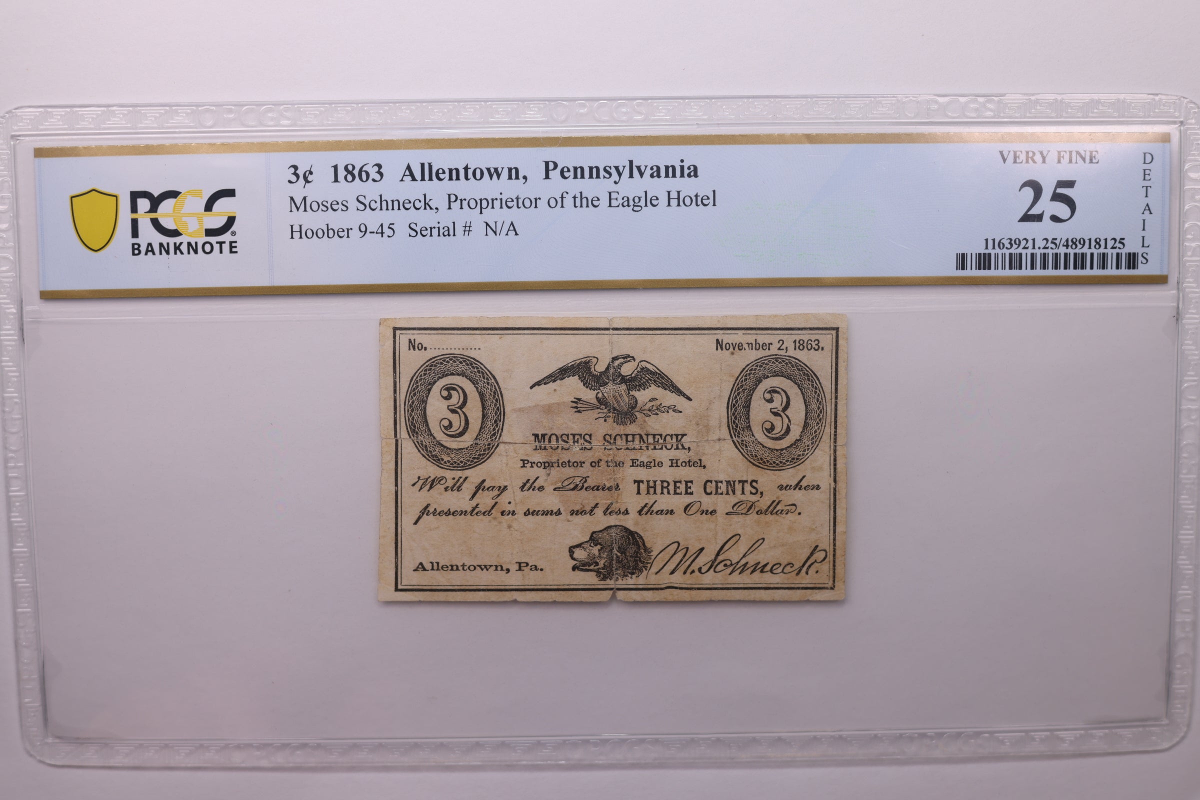 1863 3 Cent., MOSES SCHNECK., Allentown, PA., PCGS VF-25., Store Sale #GPA001