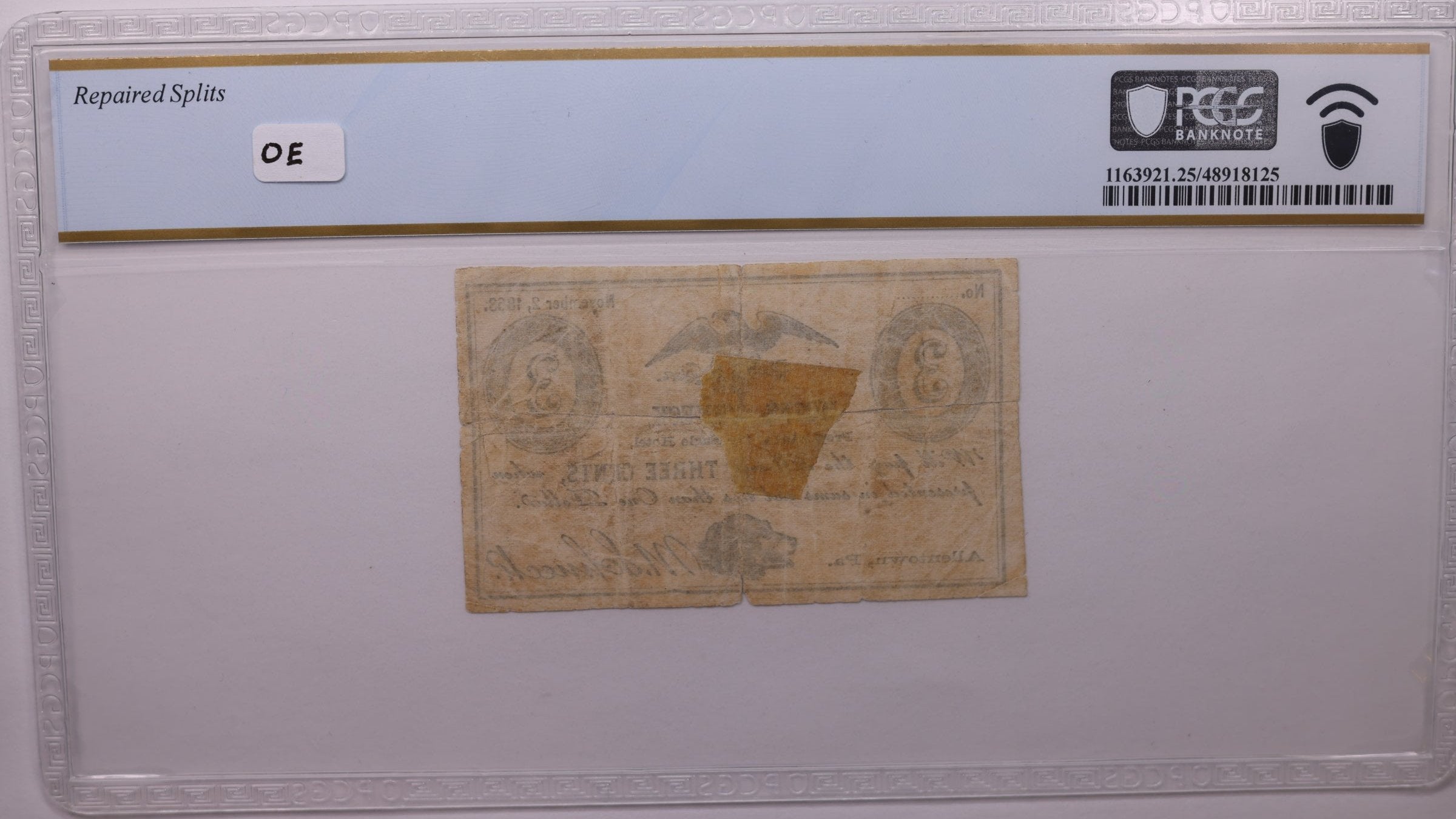 1863 3 Cent., MOSES SCHNECK., Allentown, PA., PCGS VF-25., Store Sale #GPA001