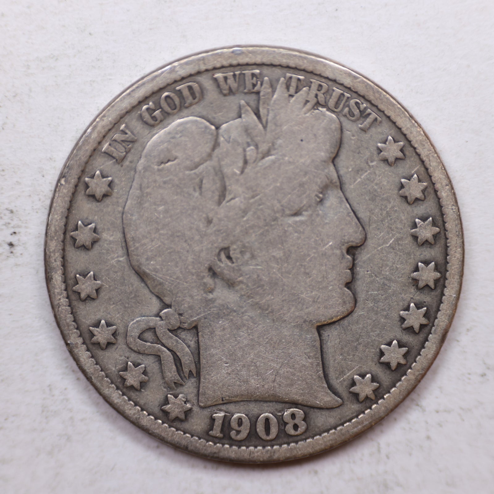 1908-S Barber Silver Half Dollar, Very Good Circulated Coin, Store #HR1097.