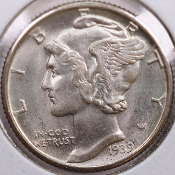 1939-D Mercury Silver Dime, Mint State Uncirculated Coin, Store #DE0186