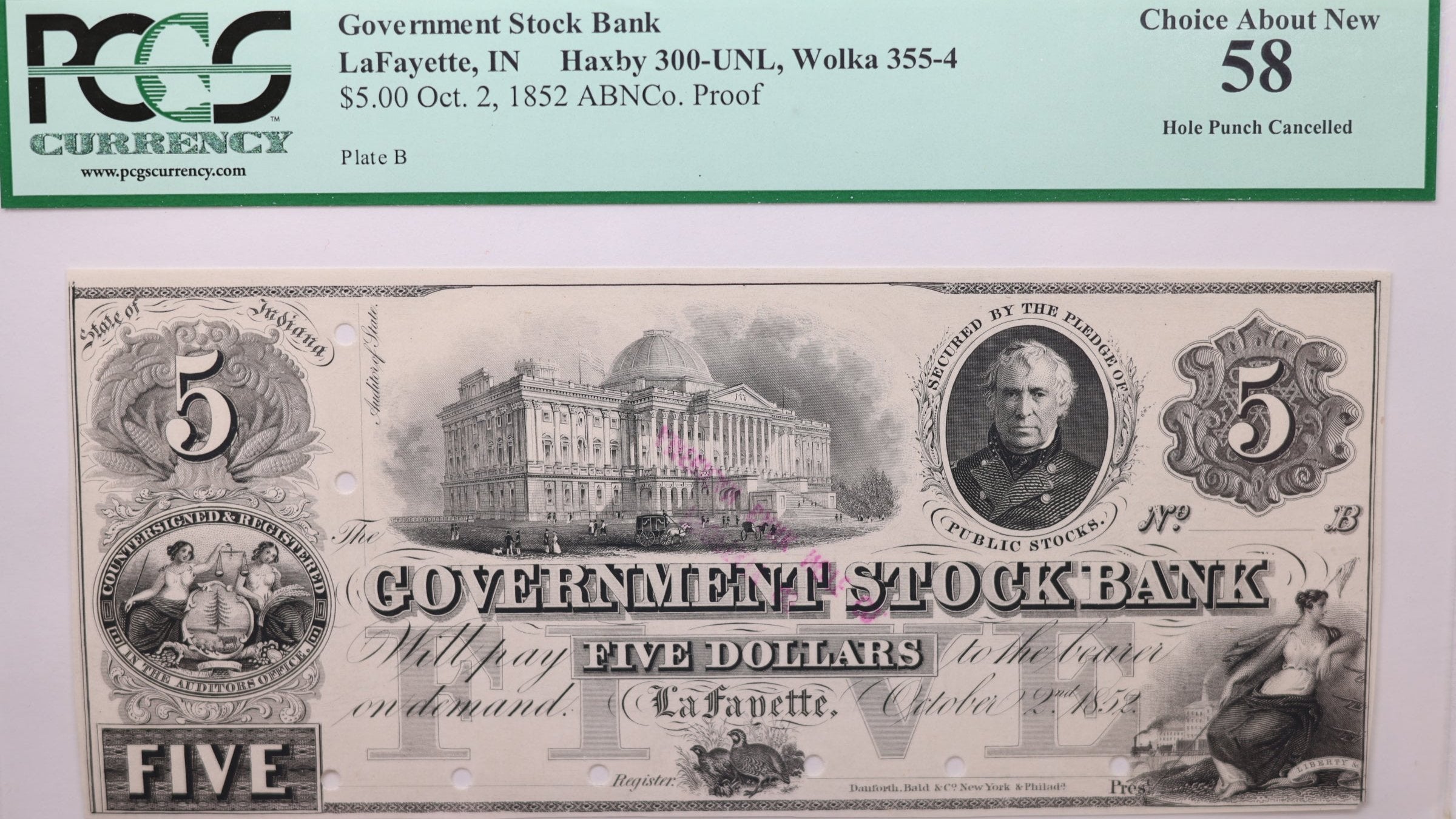 1852 $5., Government State Bank., LAFAYETTE, IN., PCGS AU-58., Store Sale #GIN002