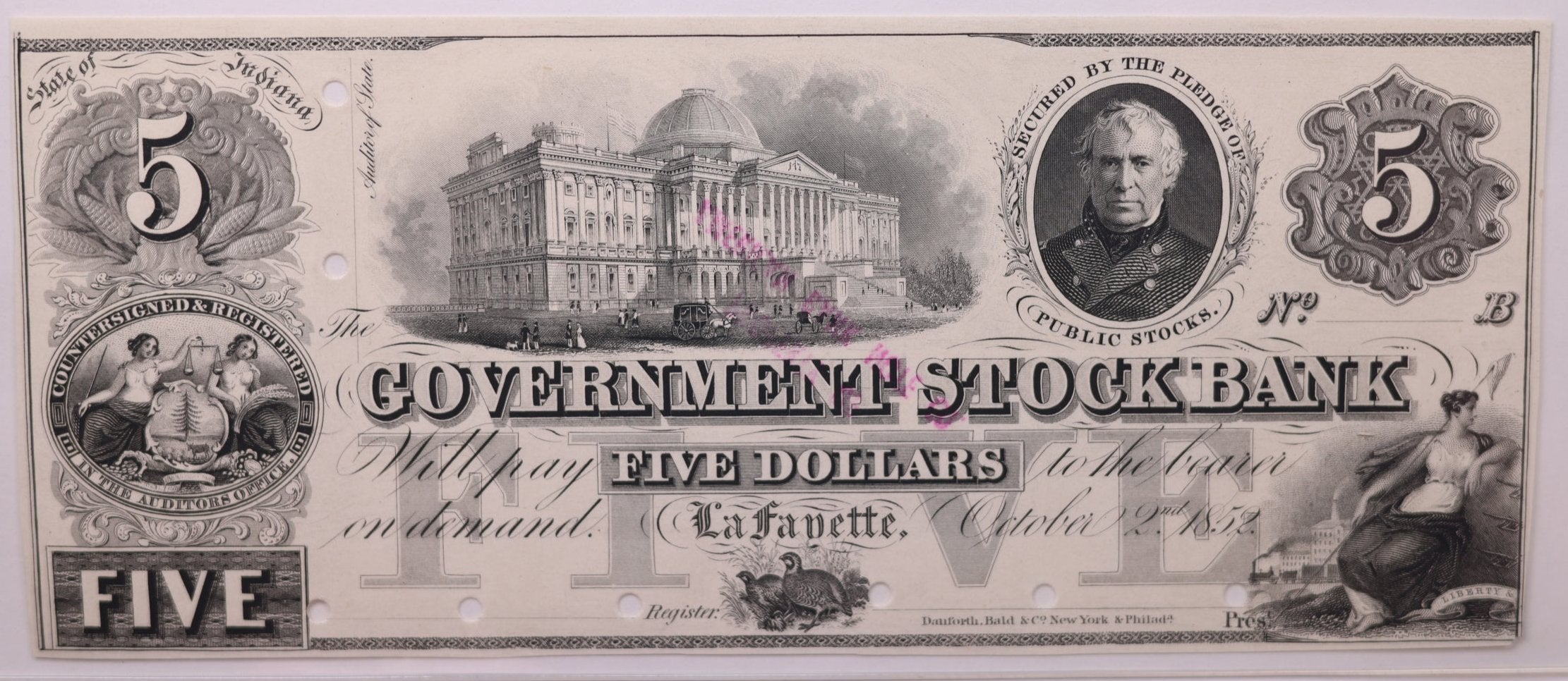 1852 $5., Government State Bank., LAFAYETTE, IN., PCGS AU-58., Store Sale #GIN002
