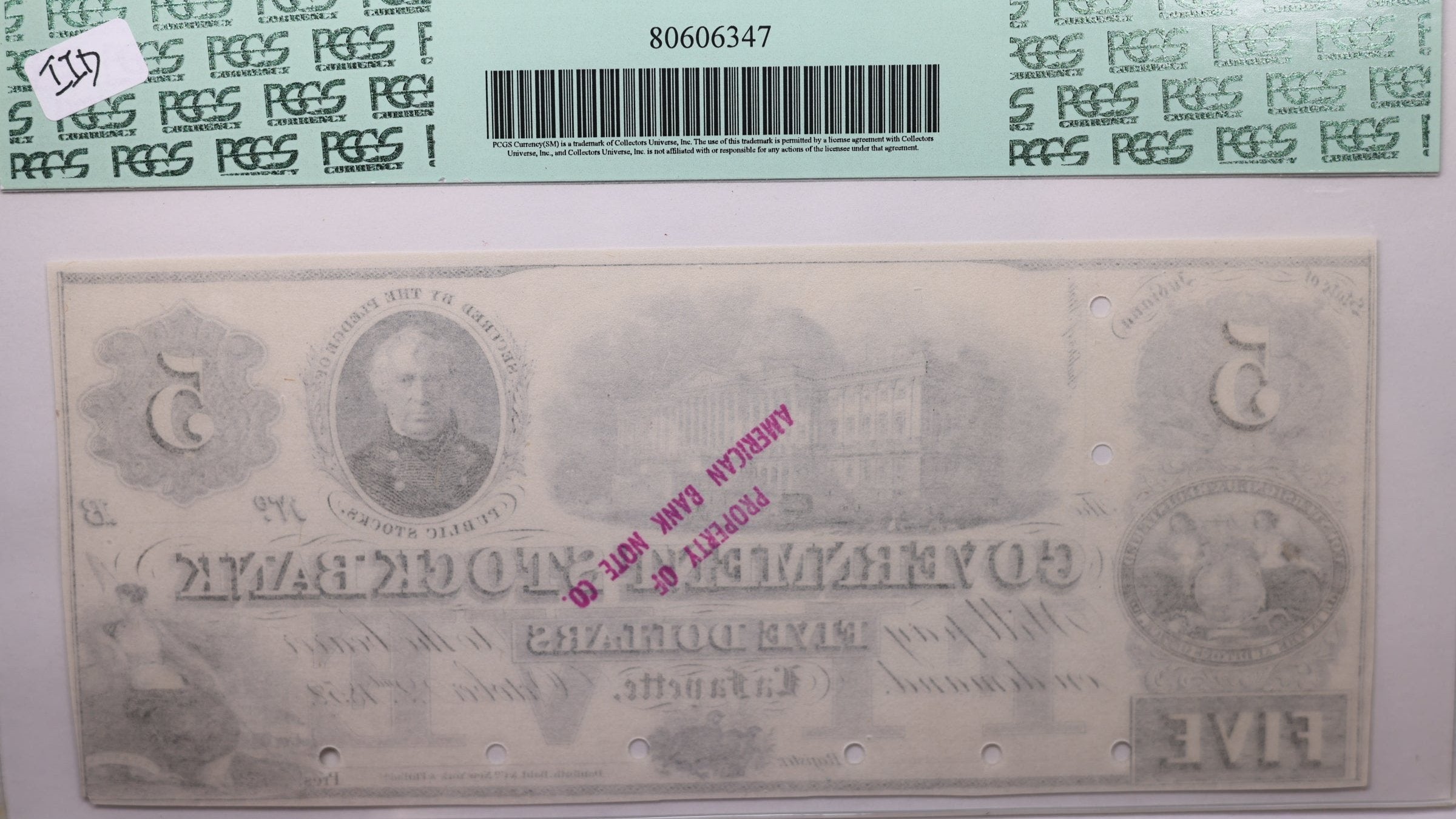 1852 $5., Government State Bank., LAFAYETTE, IN., PCGS AU-58., Store Sale #GIN002