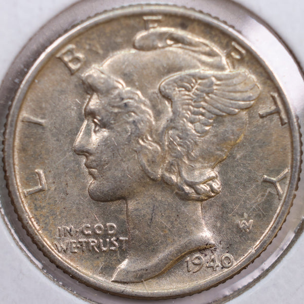 1940 Mercury Silver Dime, Abt Uncirculated Coin, Store #DE0200