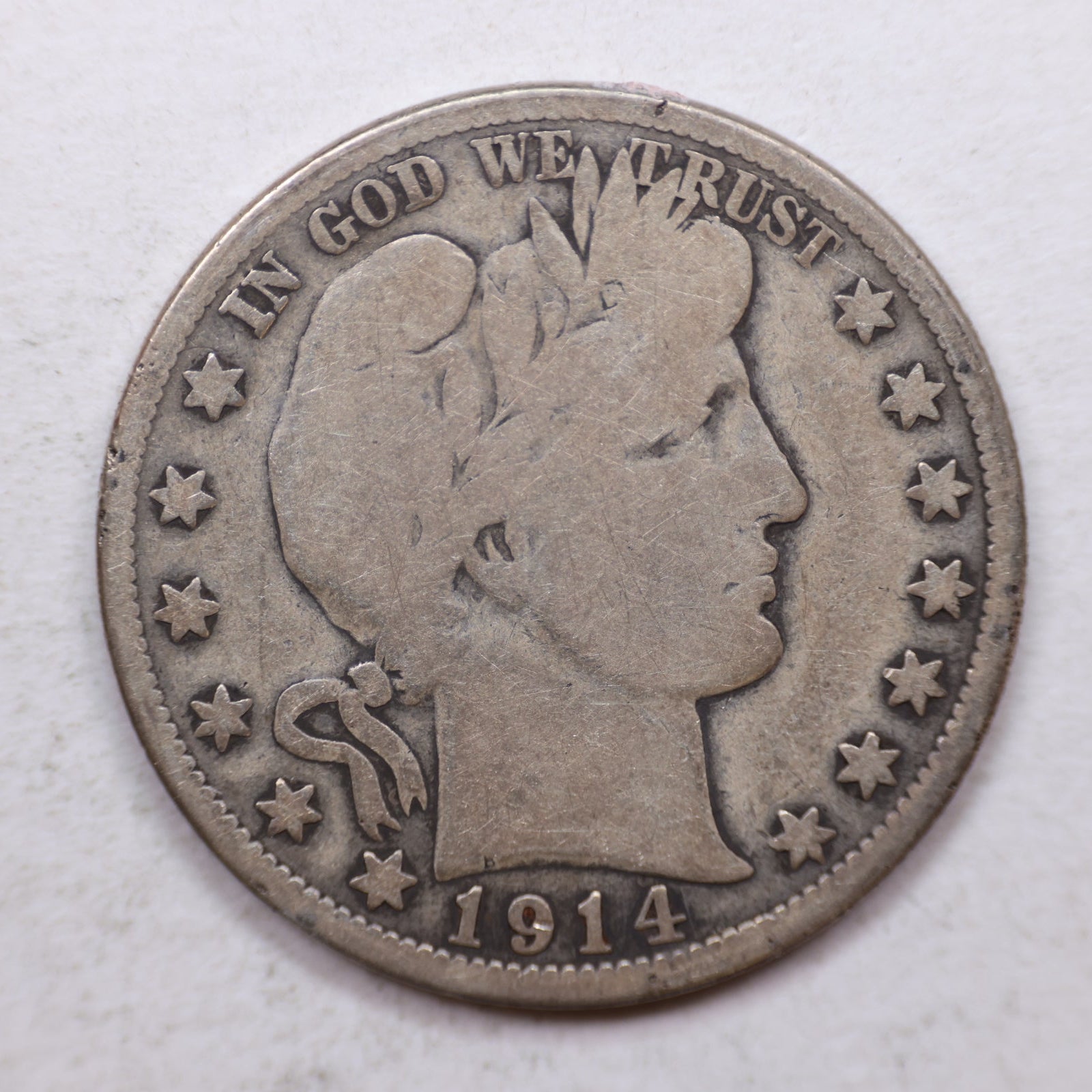 1914-S Barber Silver Half Dollar, Nice Very Good Circulated Coin, Store Sale #HR1115.