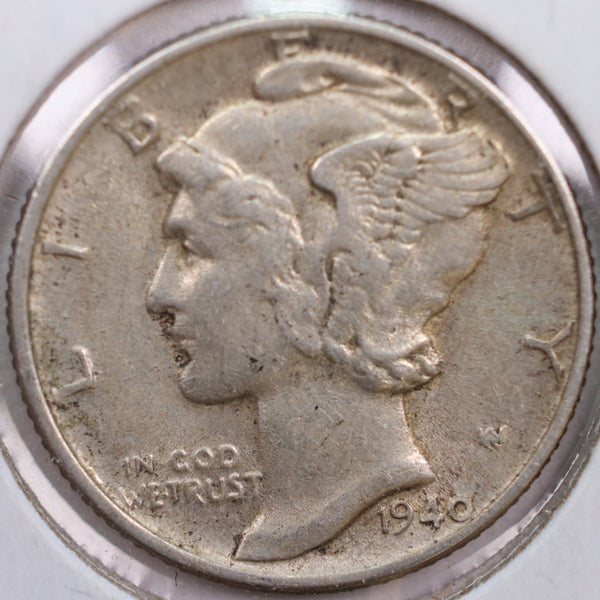 1940 Mercury Silver Dime, Very Fine+ Circulated Coin, Store #DE0201