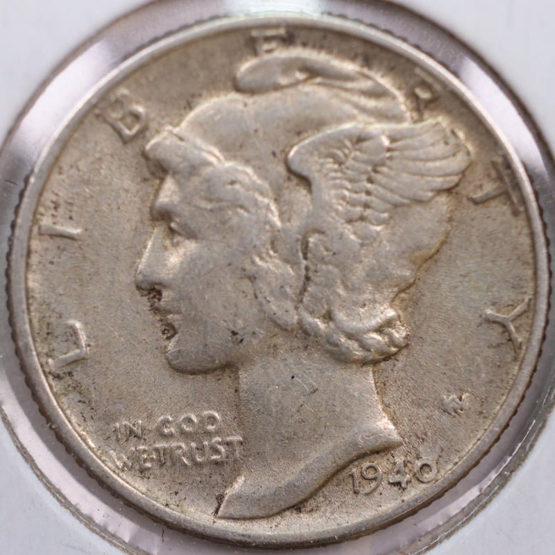 1940 Mercury Silver Dime, Very Fine+ Circulated Coin, Store