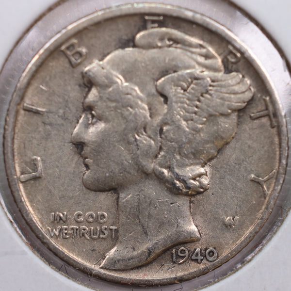 1940 Mercury Silver Dime, Very Fine+ Circulated Coin, Store #DE0203