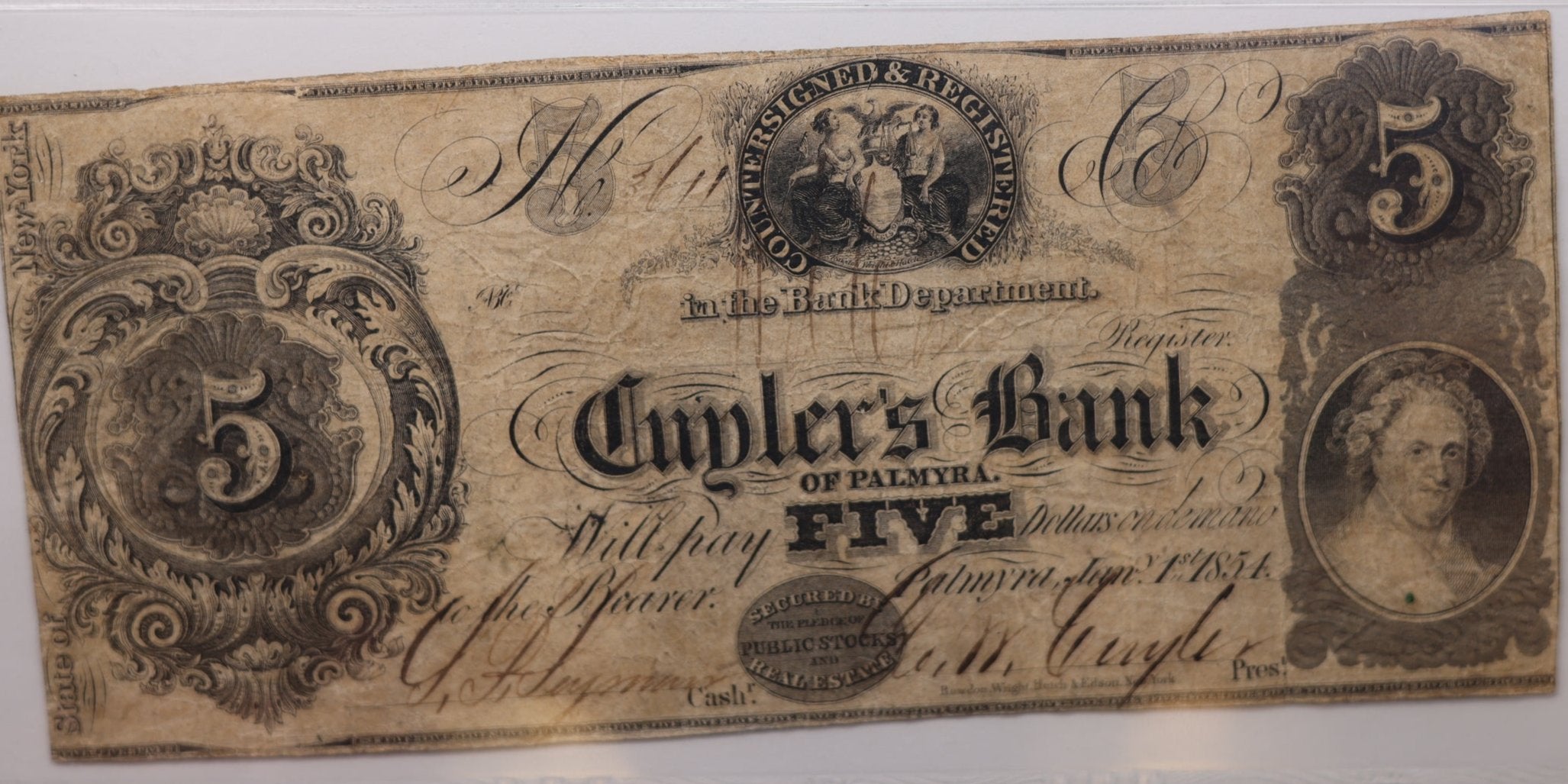 1854 $5., CUYLER'S Bank., Palmyra, N.Y., "Counterfeit"., PCGS VF-20., Store #GNY002