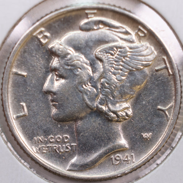 1941 Mercury Silver Dime, Mint State Uncirculated Coin, Store #DE0208