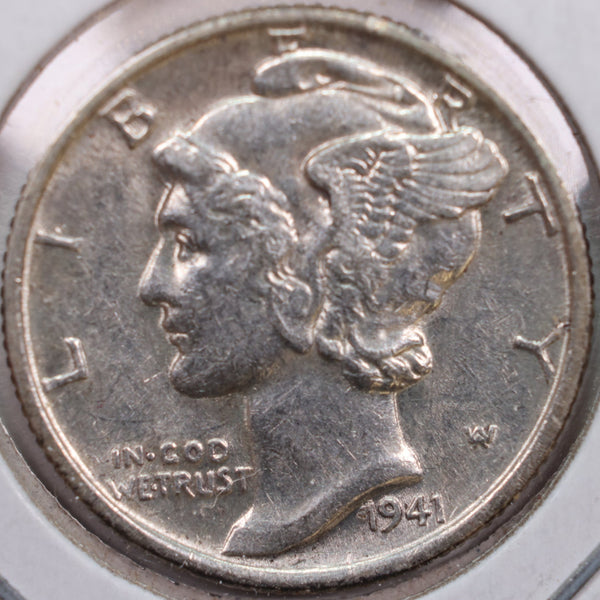 1941 Mercury Silver Dime, Abt Uncirculated Coin, Store #DE0209