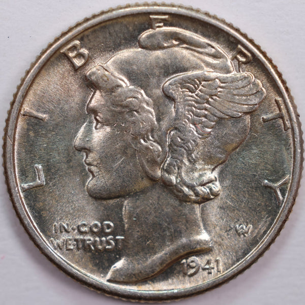 1941 Mercury Silver Dime, Mint State Uncirculated Coin, Store #DE0211