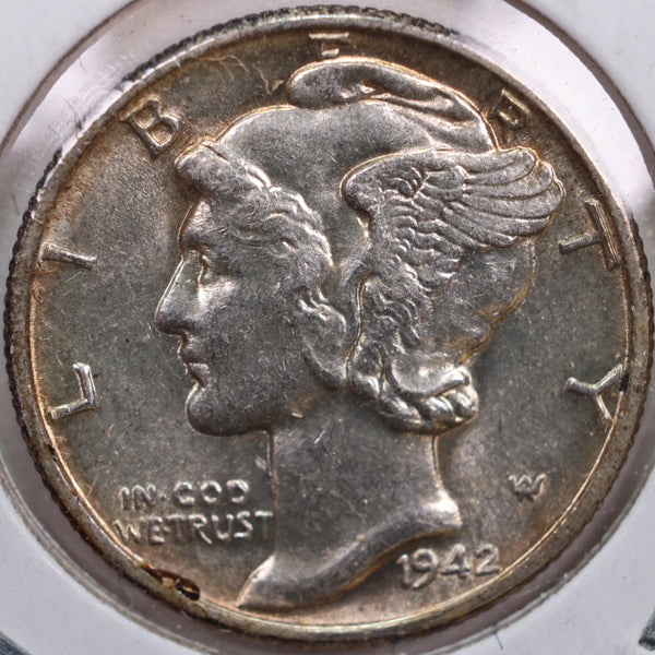 1942 Mercury Silver Dime, Abt Uncirculated Coin, Store #DE0220